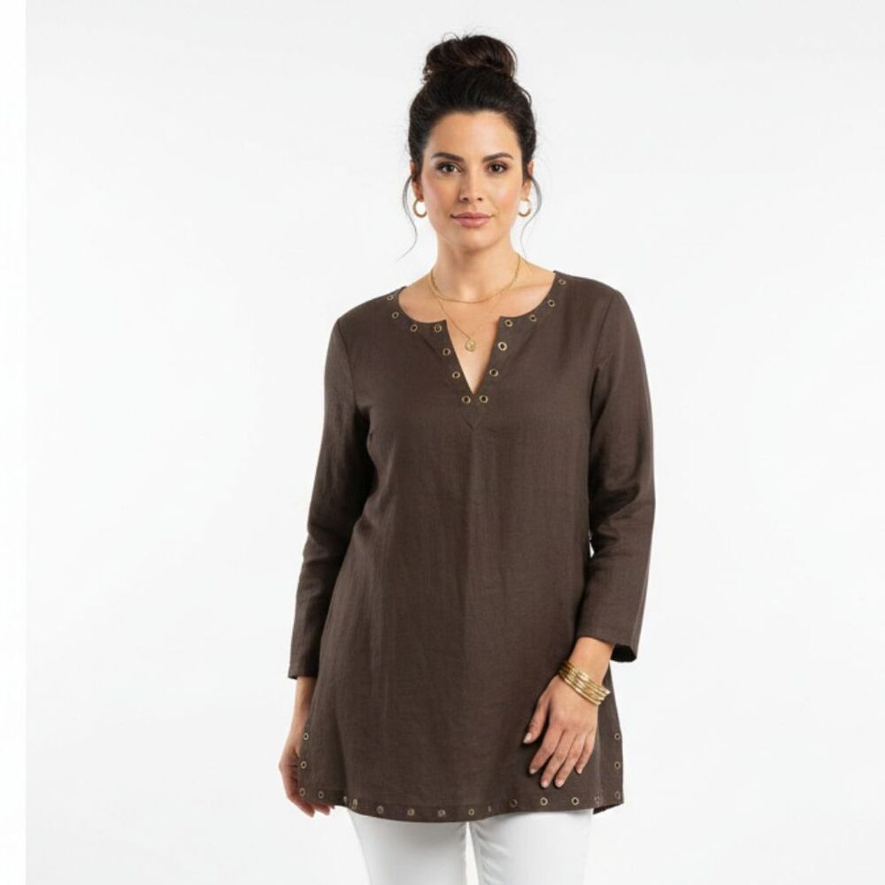 Willi Smith 100% Linen Brown Grommet Trim Tunic Top NEW 14